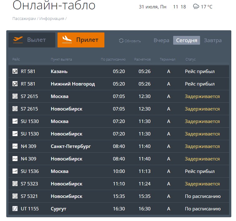 Два московских рейса ушли на посадку в аэропорт Новосибирска из-за тумана в Томске