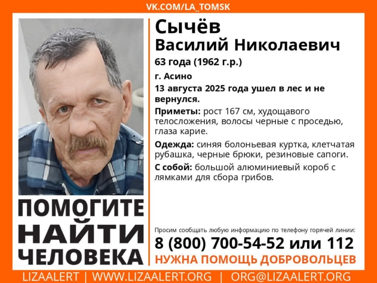 В Асине разыскивают 63-летнего мужчину