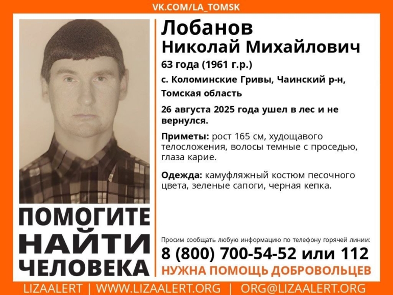 В Чаинском районе разыскивают 63-летнего мужчину