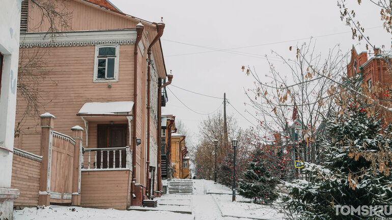 Первый снег в Томске: деревья, деревянные дома и одна кошка