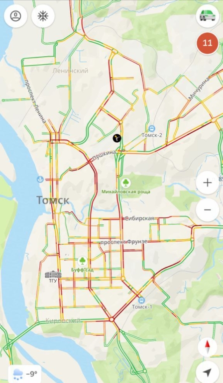 Пробки 11 баллов парализовали центр Томска в вечерний час пик